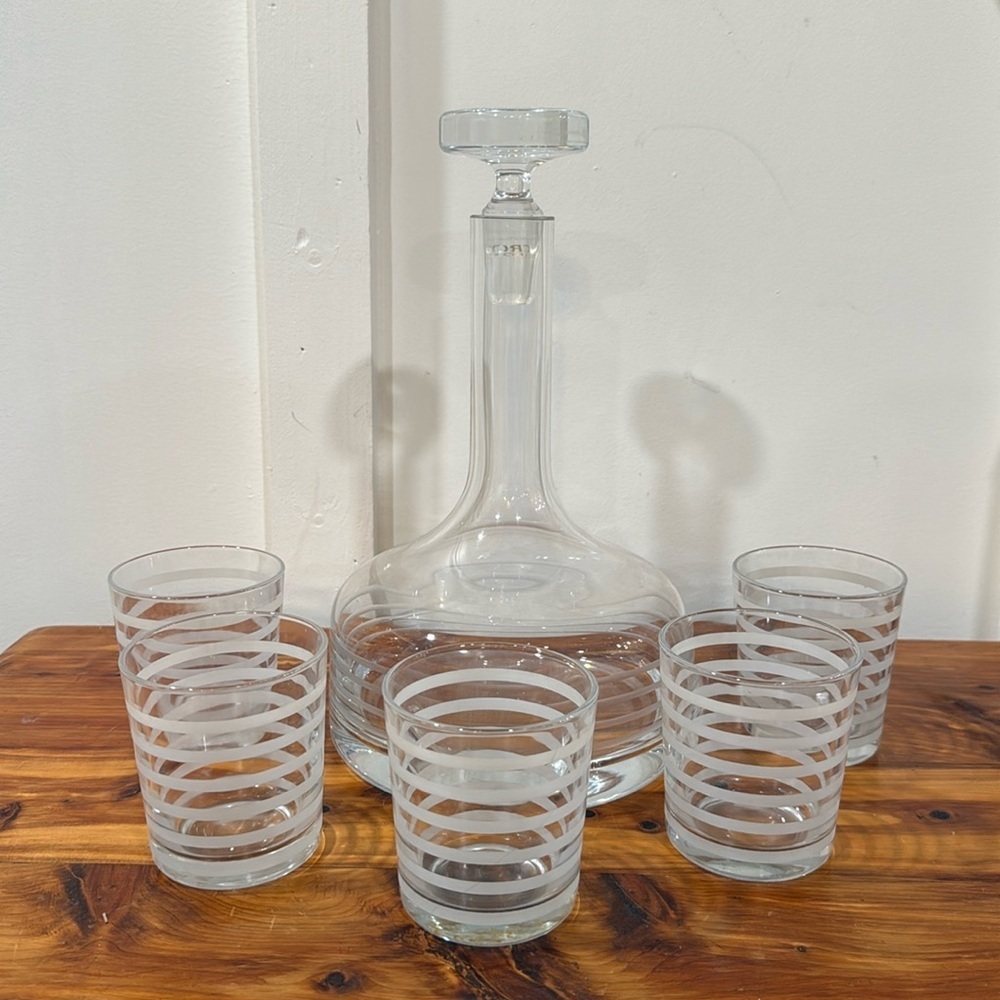 Krosno Poland MCM Crystal Decanter w/ 5 Matching Striped Low Ball Glasses